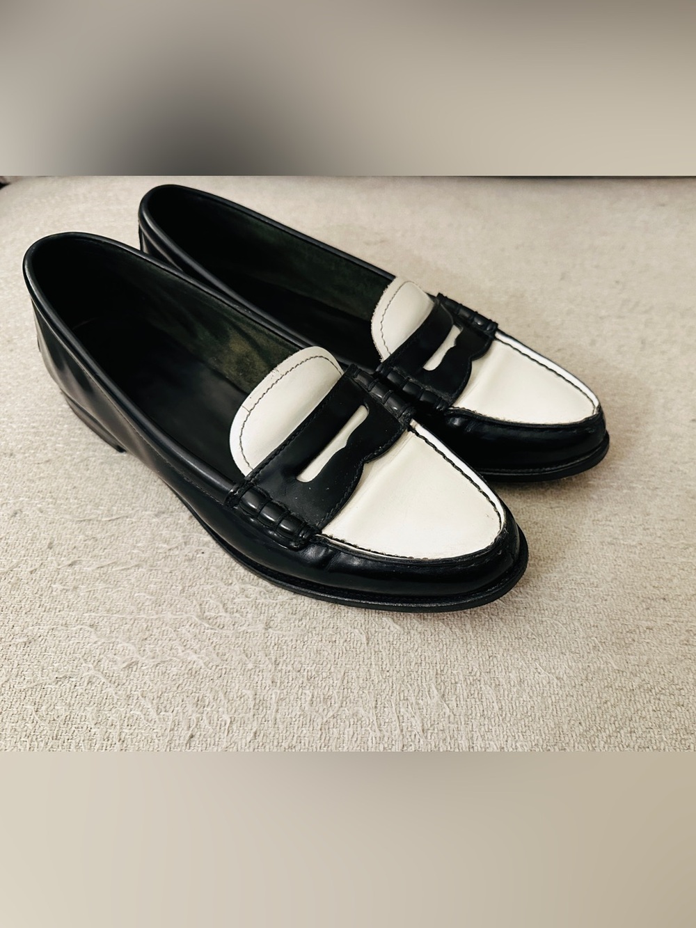 Church's "Kara" Leather Spectator Black/White Two-tone Penny Loafers - Size 6.5